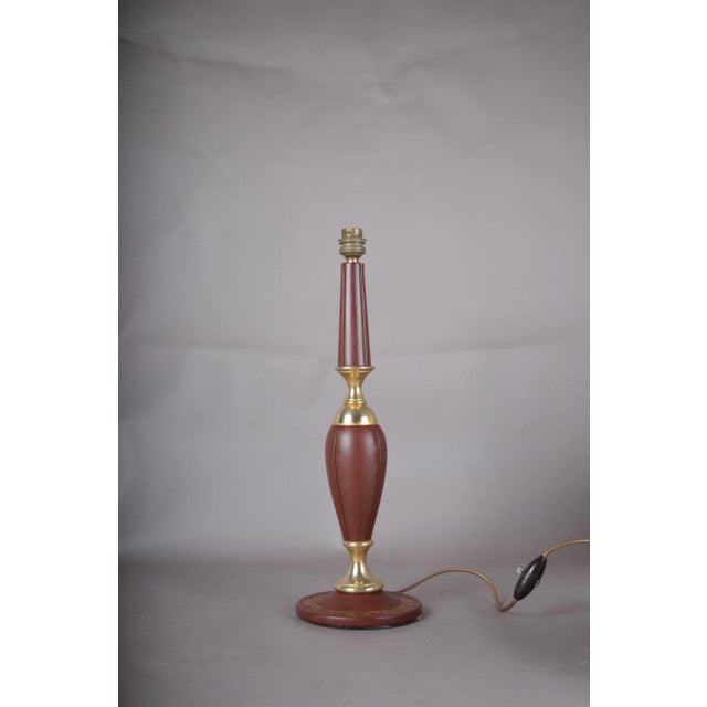Metal Burgundy Stitched Leather Baluster Table Lamp with Gilt-Tooled Base, 1950s For Sale - Image 7 of 8