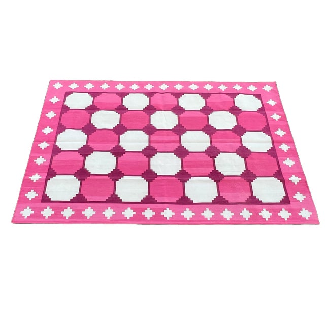 Cotton Vegetable Dyed Raspberry Pink & White Tile Pattern Reversible Rug - 12'x15' These special flat-weave dhurries are...