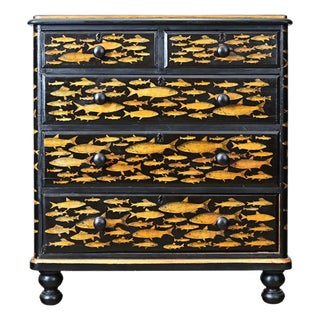 English 19th Century Pine Painted Chest with Fish Decoupage For Sale