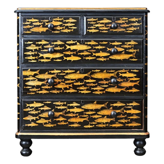 English 19th Century Pine Painted Chest with Fish Decoupage For Sale