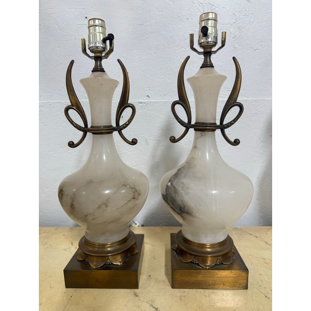 1960s Hollywood Regency Alabaster Bronzed Lamps - A Pair For Sale In Atlanta - Image 6 of 6