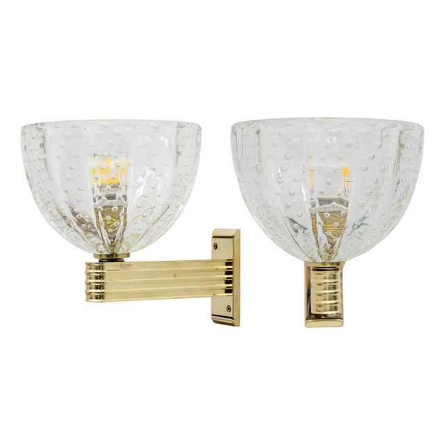 Art Deco Brass and Pelugoso Murano Glass Sconces from Seguso Vetri Darte, 1940, Set of 2 For Sale