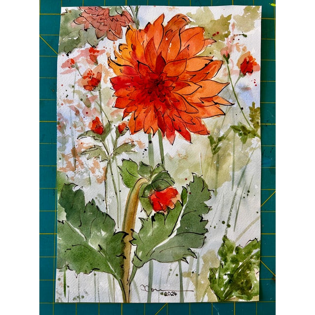 Original watercolor ink and wash painting of orange dahlias growing in the artist’s greenhouse. Approximately 9 x 13.25...