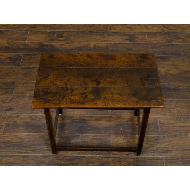 English Oak 1800s Side Table with Planked Top, Straight Legs and Stretchers For Sale - Image 9 of 11