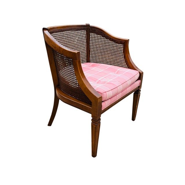 Mid-Century Modern Vintage Mid-Century Modern Cane Barrel-Back Armchair | Hollywood Regency Neoclassical Revival | Tufted Pink Plaid Upholstery For Sale - Image 3 of 18