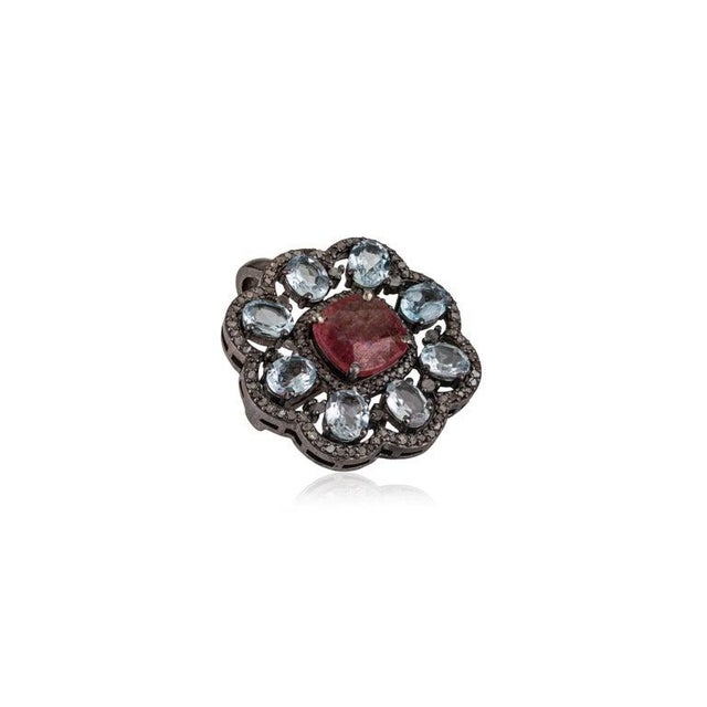 Art Nouveau Antique Design Ruby & Blue Topaz Silver Pendant With Diamond Accents- Anniversary Gifts For Sale - Image 3 of 11