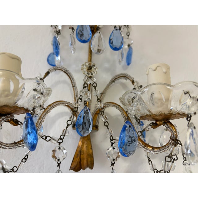 Glass French Beaded Blue and Clear Prisms Crystal Sconces, 1900 For Sale - Image 7 of 9