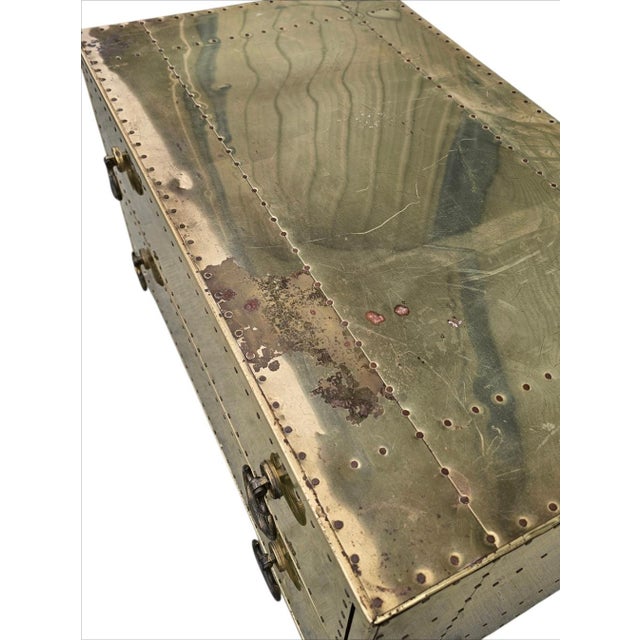 Wood 1960s Mid Century Campaign Style Brass Clad Coffee Table Sarreid Style For Sale - Image 7 of 18