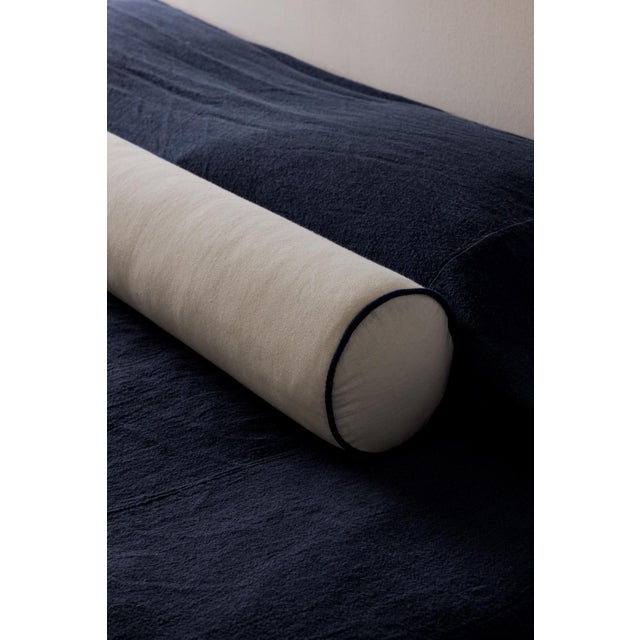 DuPont "Peaks" King Headboard and Bolster Pillow, White with Navy Contrast Piping For Sale - Image 4 of 9