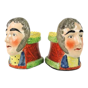Antique Early 19th Century English Regency Staffordshire Pearlware Sash Window Stops / Rests - Duke of Wellington Busts 1820 - a Pair