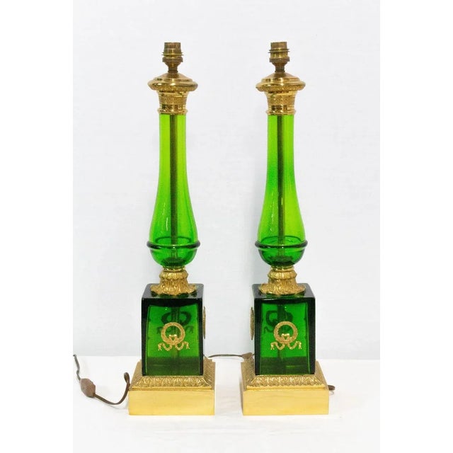 Empire Style Glass and Brass Column Table Lamp, France, Set of 2 For Sale - Image 4 of 14