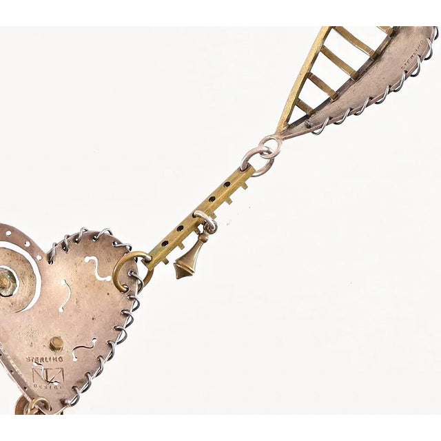 Silver Vintage Thomas Mann Sterling and Brass Heart Charm Necklace For Sale - Image 8 of 12