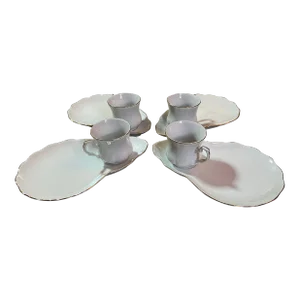 Vintage White & Gold China Sandwich Plate With Cup Set- 8 Pieces