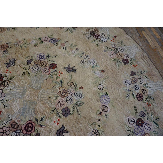1920s 1920s Tan Ecru Floral Folk Art Antique American Hooked Rug 9' X 9' Handknotted Cotton Carpet For Sale - Image 5 of 14