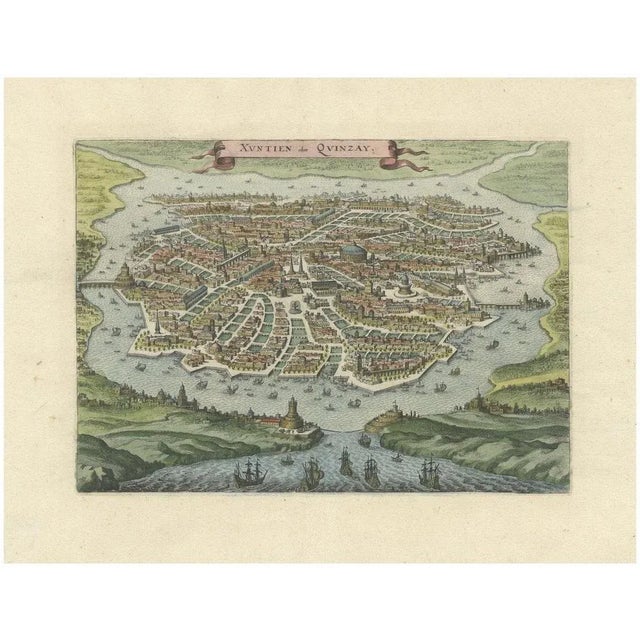 Paper Antique Birds-Eye View of Hangzhou by Matthäus Merian, 1638 For Sale - Image 7 of 7