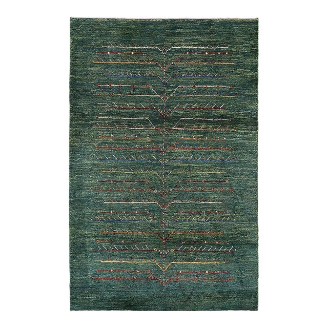 Green Color Fine Hand Knotted Persian Gabbeh For Sale