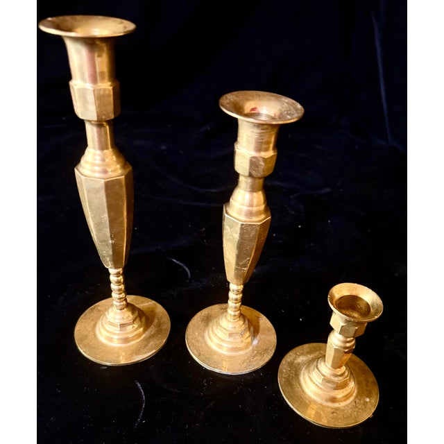 Mid-Century Modern Mid 20th Century Set of 3 Beaded Stem Brass Candlestick Holders For Sale - Image 3 of 12