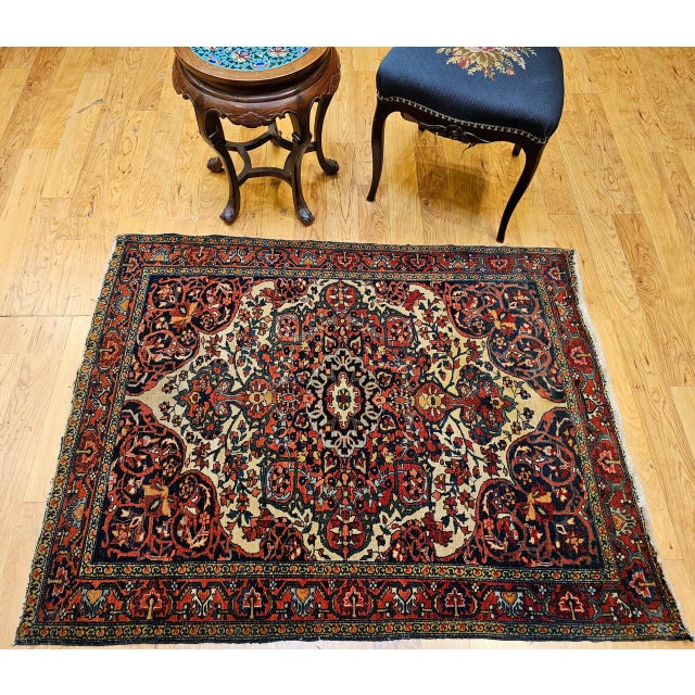 19th Century Persian Farahan Sarouk Rug, Hand-Knotted Wool, Floral Medallion Pattern, Ivory & Red, 4x5 For Sale - Image 4 of 15