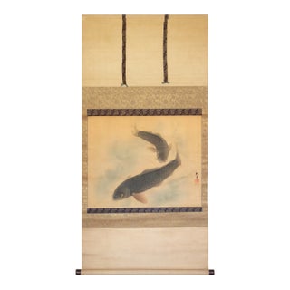 1900-1940s Large Japanese Silk Scroll Painting "Two Carps", Signed and Sealed For Sale
