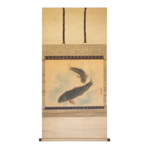 1900-1940s Large Japanese Silk Scroll Painting "Two Carps", Signed and Sealed