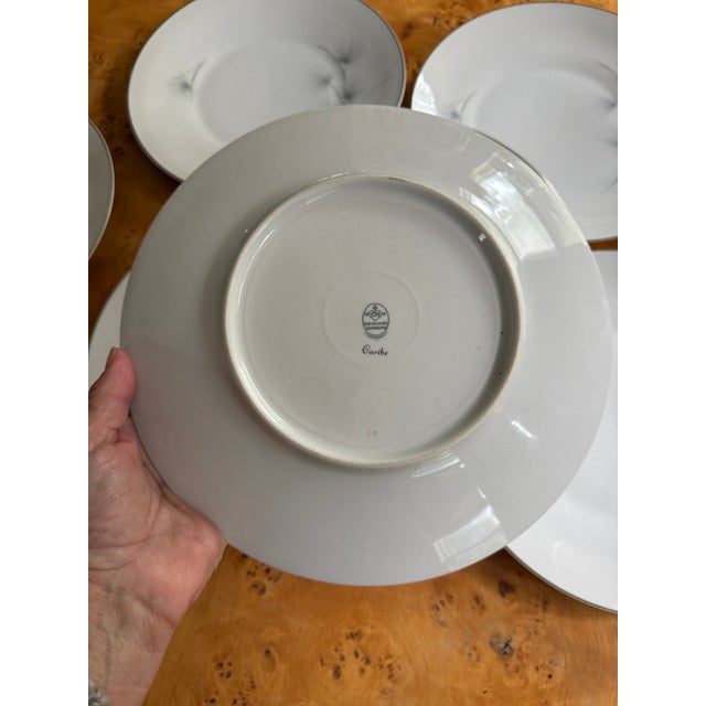 Ceramic 1950s Set of Eight (8) Hutschenreuther Caribe Dinner Plates 10.5 Inch German Porcelain White Blue Gray Platinum Rim Minimalist For Sale - Image 7 of 7