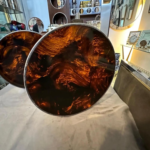 Guzzini 1970s Set of Two Faux Tortoiseshell Lucite and Silver Plated Metal Barware Trays For Sale - Image 4 of 6