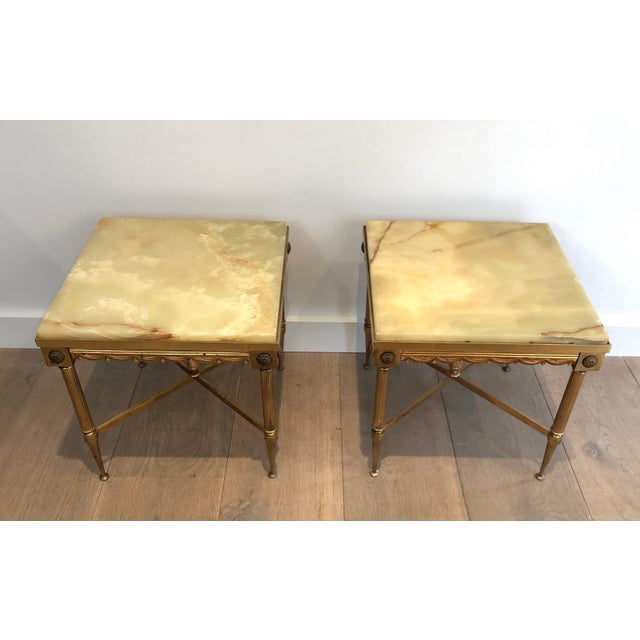 1940s Pair of Neoclassical Style Square Brass Side Tables with Onyx Top For Sale - Image 6 of 12