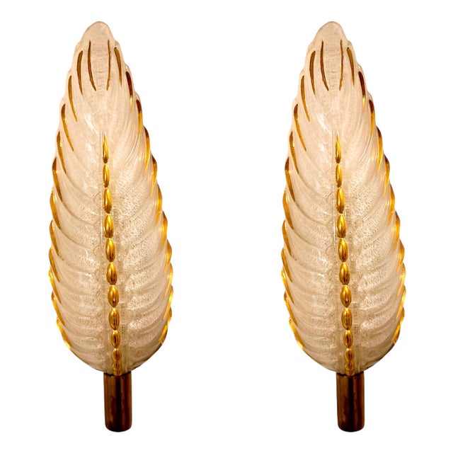 Art Deco Ezan Glass Feather Wall Sconces from Atelier Petitot, France, 1935, Set of 2 For Sale