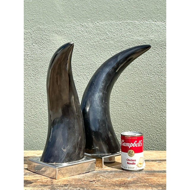 Vintage Natural Horns on Chrome Plinths - Set of 2 For Sale - Image 11 of 12