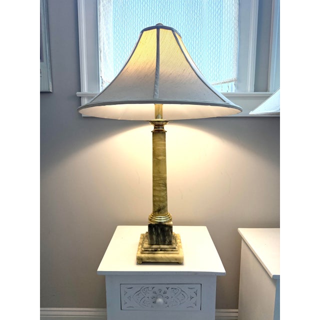 Hollywood Regency Pair of Vintage Carved Onyx Table Lamps With Original Silk Shades, C. 1950 For Sale - Image 3 of 11