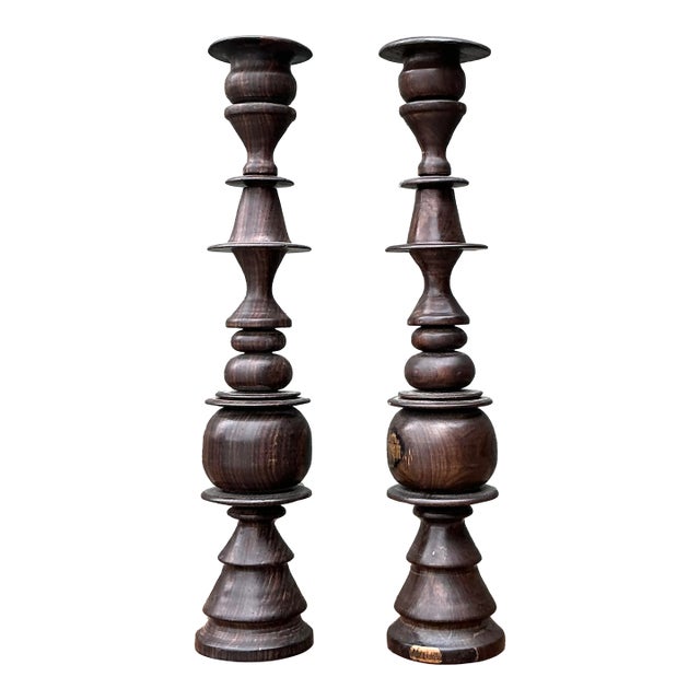 Vintage Turned Wood Candlesticks - A Pair For Sale