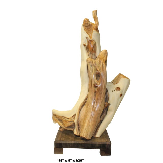 Chinese Cypress Wood Carved Irregular Shape Happy Buddha Statue For Sale In San Francisco - Image 6 of 7