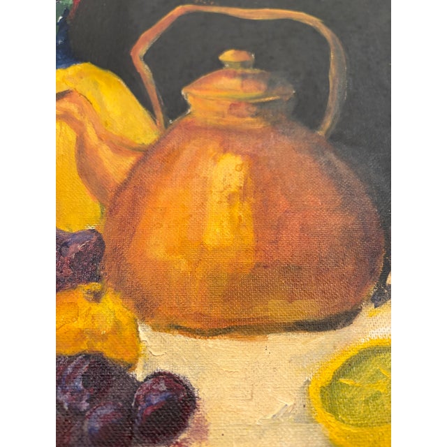 Original Vintage Kitchen Fruit and Wine With Copper Kettle Still Life Painting – 14" X 18" Signed For Sale In San Diego - Image 6 of 9