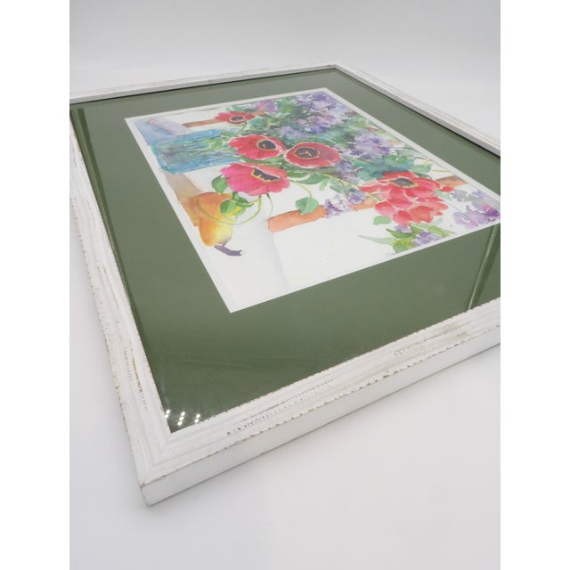 1990s Original Signed Impressionist Floral Watercolor Painting | Red Poppies, Lilacs & Pear Still Life | Signed For Sale - Image 4 of 11