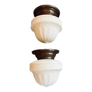 Pair Cased Glass Shade Fixtures on Original Old Brass Holders, Original Patina Circa 1910 For Sale