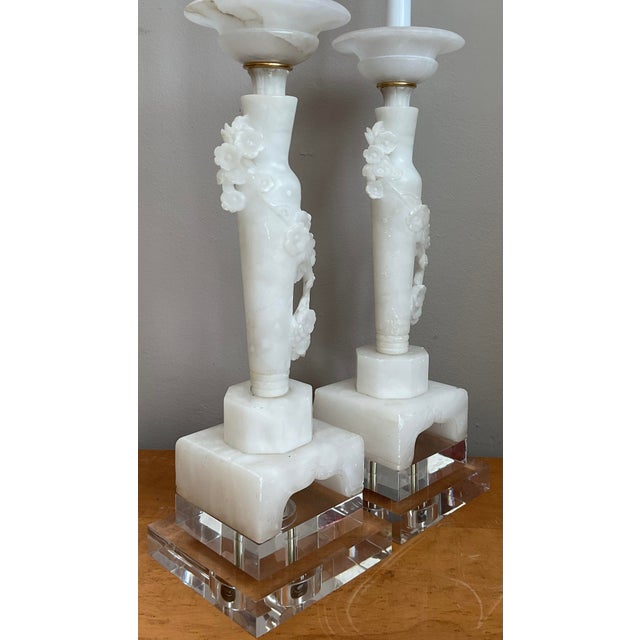 Vintage Carved Alabaster Floral Ring Candlestick Lamps - A Pair For Sale In West Palm - Image 6 of 12