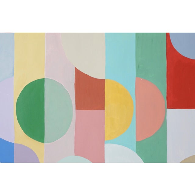 Turquoise 2026, Bauhaus Geometric Triptych Painting in Vivid Pastel Tones, Chromatic Deco Radiance, Acrylic Paint on Watercolor Paper For Sale - Image 8 of 11