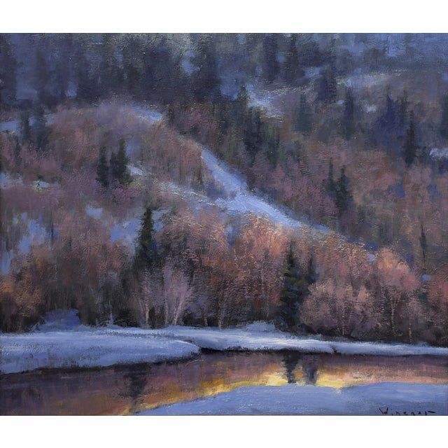 "When The River Speaks" is an oil on panel landscape painting by Seth Winegar, completed in 2026. Below a hillside of...