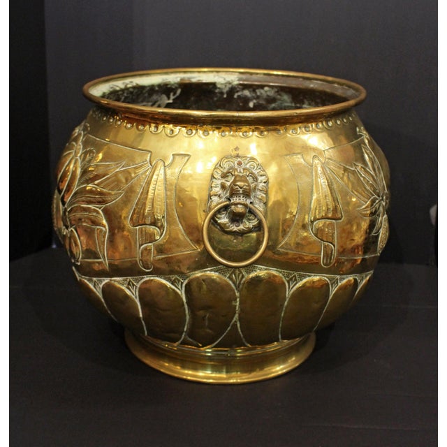 English Circa 1860-80 English Circular Repousse Brass Jardiniere For Sale - Image 3 of 7