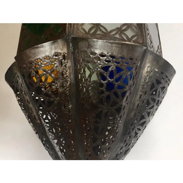 Metal Moroccan Lantern Handcrafted Moorish Pendant Glass For Sale - Image 7 of 11