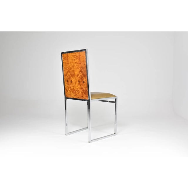 Tan Set of Four Italian Chrome, Burl Wood and Leather Dining Chairs, 1970s For Sale - Image 8 of 10