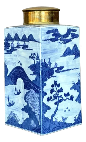 Vintage Asian Blue and White Brass Cap Ginger Jar