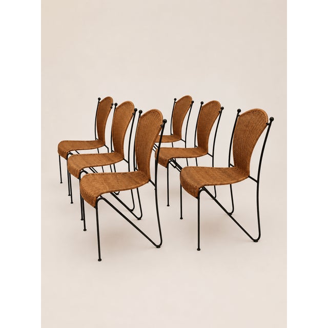Black Mid-Century Wicker and Iron Dining Chairs attributed to Frederic Weinberg, 1950s, Set of 6 For Sale - Image 8 of 16