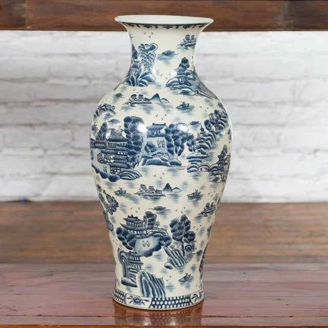 Vintage Chinese Blue & White Porcelain Vase with Landscapes & Architectures For Sale - Image 10 of 13