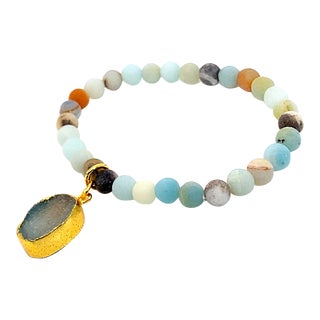 Multi Color Frosted Matte Amazonite Elastic Bracelet With Duzy Dangle For Sale