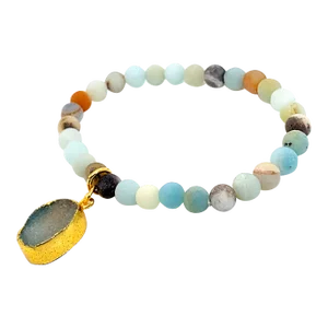Multi Color Frosted Matte Amazonite Elastic Bracelet With Duzy Dangle