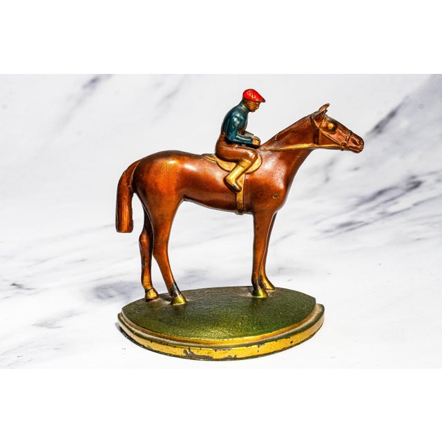 Metal Colorful Horse Jockey Antique Cold Painted Bronze Sculpture Statue Bookends Equestrian For Sale - Image 7 of 18