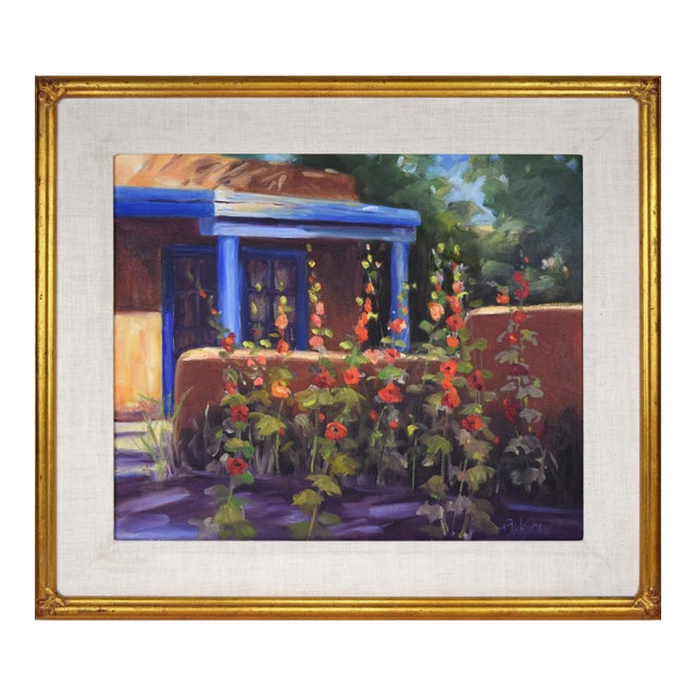 Vintage Southwestern Painting Taos New Mexico Adobe Home With Flowers For Sale