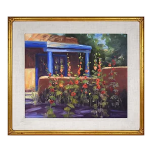 Vintage Southwestern Painting Taos New Mexico Adobe Home With Flowers