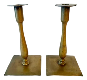 Pair English Mission or Arts and Crafts Patinated Brass Candlesticks
